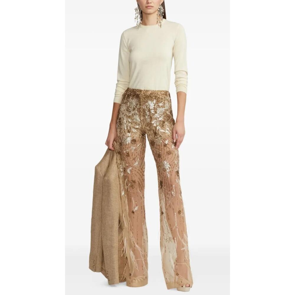 Ralph Lauren Purple Label Sheer Pants Sequin Feathers High Rise Womens XL - Picture 4 of 16